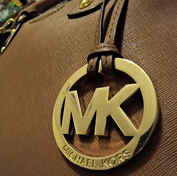 Michael Kors Medium Dome Signature Leather Dome X Crossbody Satchel in Camel - Picture 9 of 15